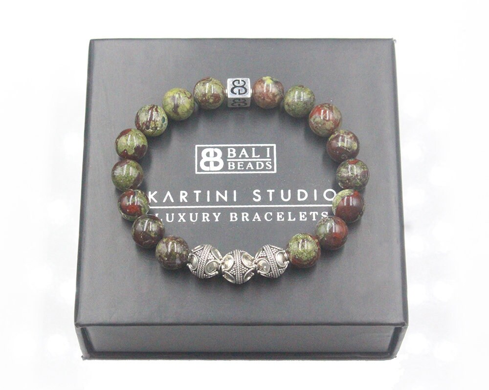 Dragon Bloodstone Sterling Silver Bali Bead Bracelet Men's Handmade Jewelry