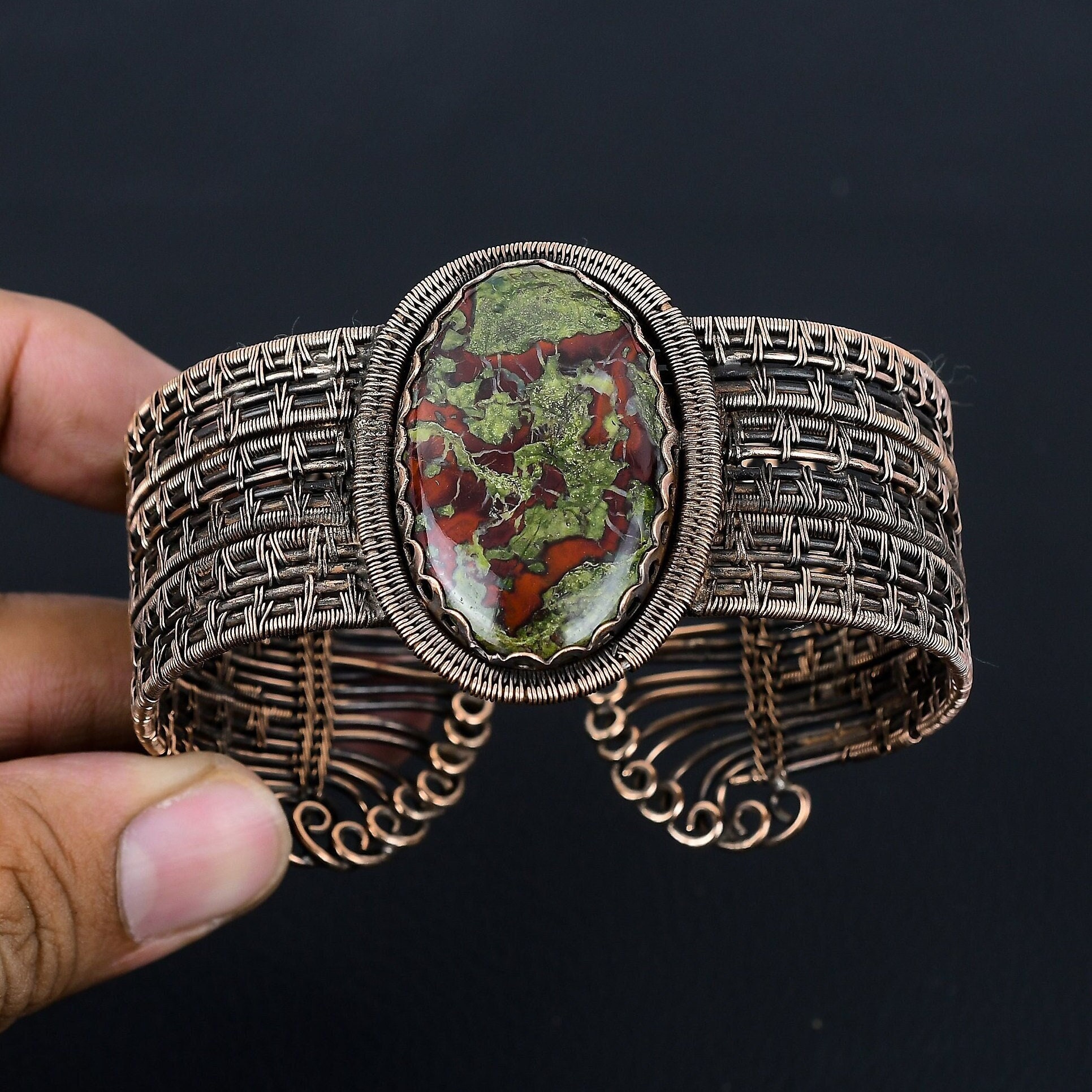 Dragon Bloodstone Bangle, Natural Dragon Blood Jasper Copper Wire Wrapped Cuff Adjustable Bracelet, Handmade Jewelry Birthday & Wedding Gift