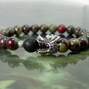 Dragon Blood Jasper And Lava Stone Bracelet With Dragon Head, Natural Gemstone Bracelet, Bloodstone Women Men Beaded Bracelet + Gift Bag