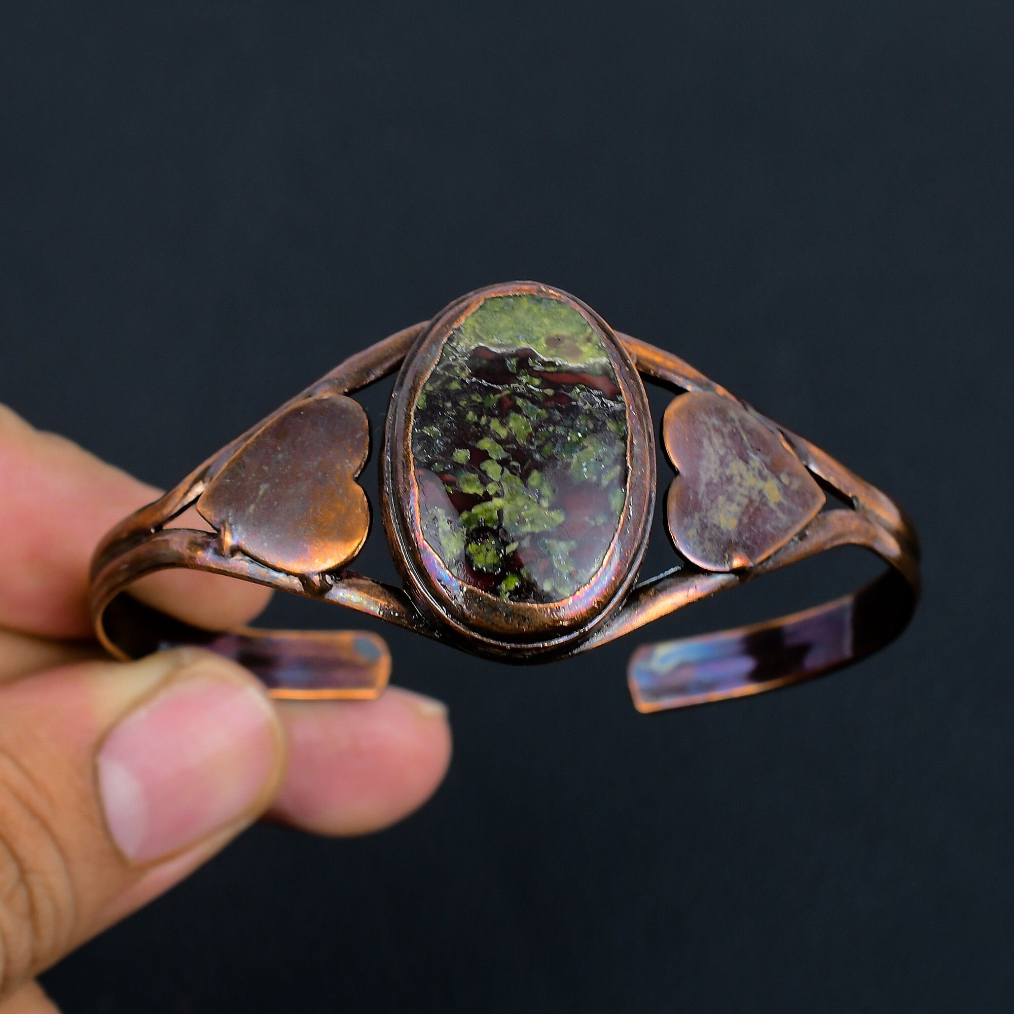 Dragon Bloodstone Copper Cuff Bracelet: Electroformed Adjustable Bangle