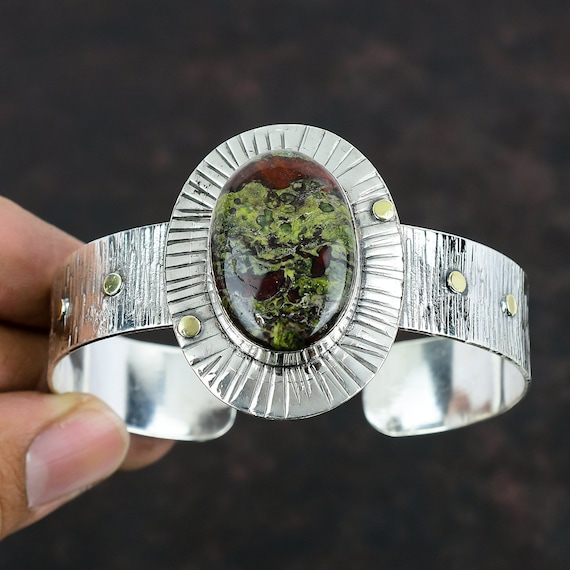 Dragon Bloodstone Cuff Bracelet, Handmade 925 Sterling Silver, Adjustable Bangle