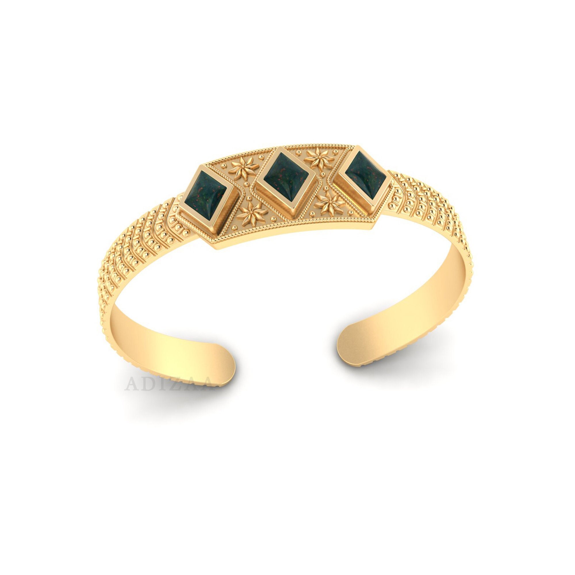 Elegant Bloodstone Gemstone Cuff Bangle, Hexa Gold Ball Embossed Textured Bangle, Delicate Women Bangle With 18k Gold Finish Elegant Bloodstone Gemstone Cuff Bangle, Hexa Gold Ball Embossed Textured Bangle, Delicate Women Bangle With 18k Gold Finish