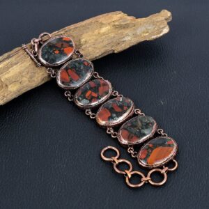 Bloodstone Bracelet, Bloodstone Gemstone, Copper Electroformed Bracelet, Adjustable Chain Bracelet, Handmade Jewelry, Gift For Mother.