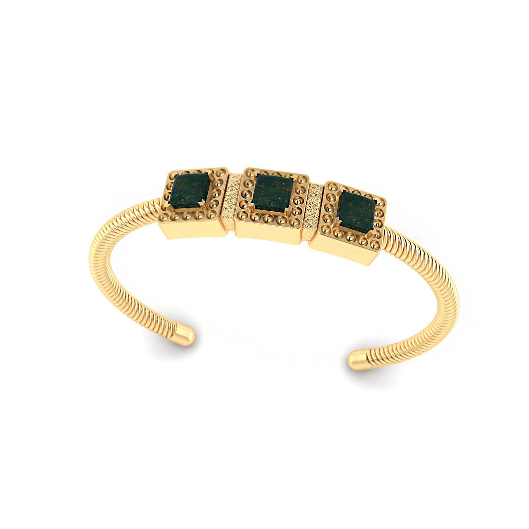 Gold Finish Bloodstone Bangle Bracelet, Gold Ball Engraved Bezel Bangle, Twisted Adjustable Bangle, Triple Stone Bangle For Anniversary Gift