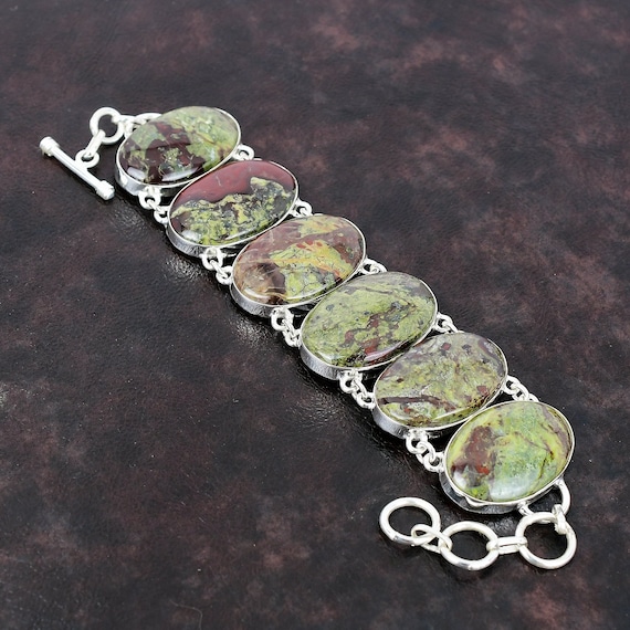 Handmade Dragon Bloodstone Bracelet: 925 Sterling Silver Adjustable Chain