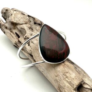 Bloodstone Sterling Silver Cuff Bracelet – Natural Stone, 7-8”