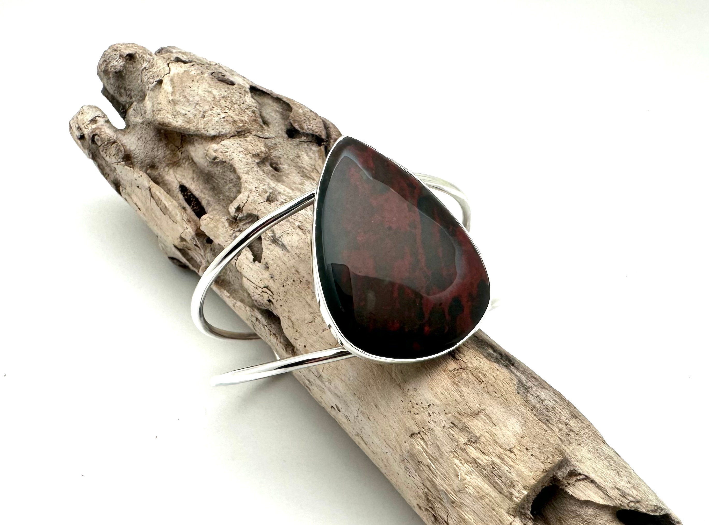 Bloodstone Sterling Silver Cuff Bracelet – Natural Stone, 7-8”