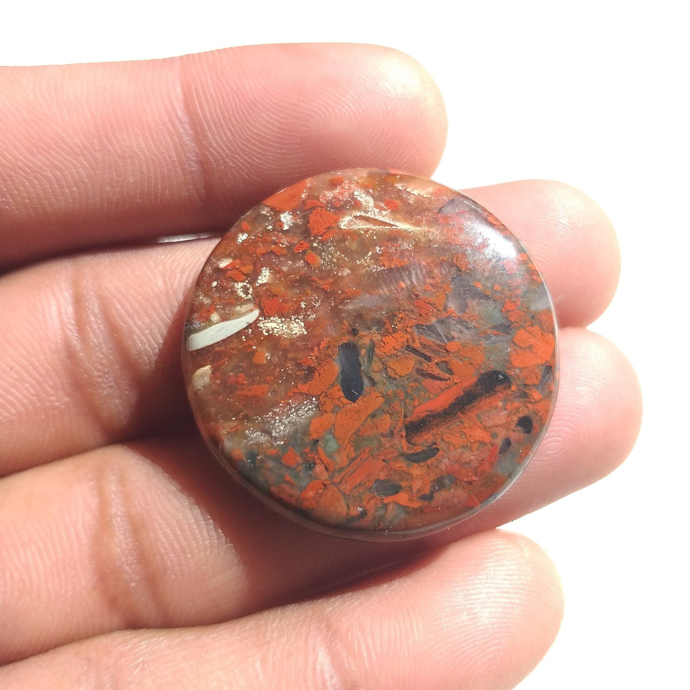 African Bloodstone Cabochon: 33x6mm Round Gemstone, 52.5 Carat African Bloodstone Cabochon: 33x6mm Round Gemstone, 52.5 Carat