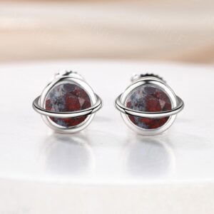 5mm Round Natural Bloodstone Stud Earrings Sterling Silver Bezel Planet Studs Minimalist Solitaire Gemstone Earrings Celestial Jewelry