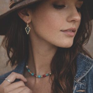 Bloodstone Arrowhead Earrings Gold, Boho Stone Earrings, Tribal Southwest Statement Jewelry
