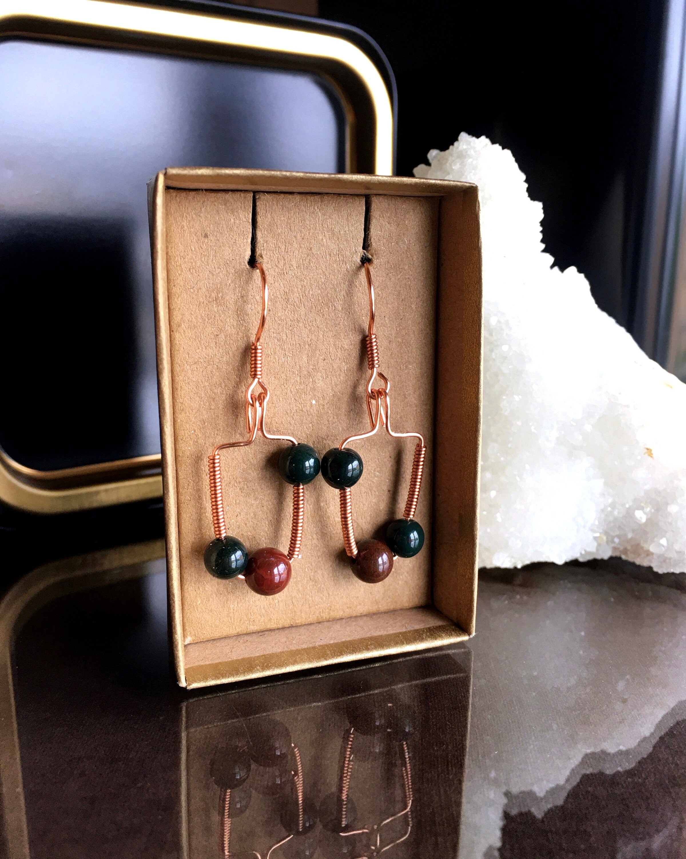Bloodstone Copper Earrings, Handmade Gift Box Bloodstone Copper Earrings, Handmade Gift Box