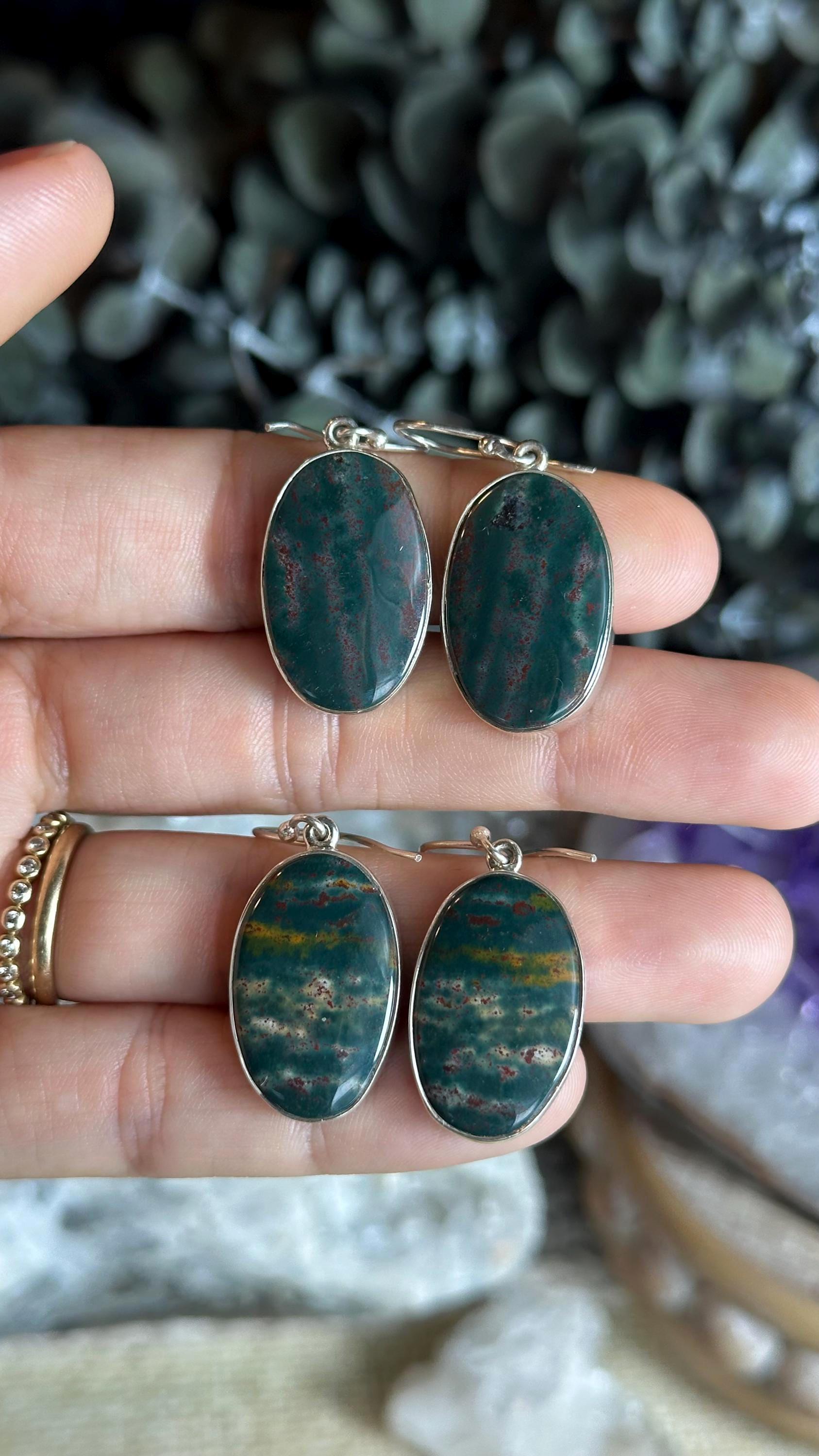 Bloodstone Dangle Earrings, .925 Sterling Silver
