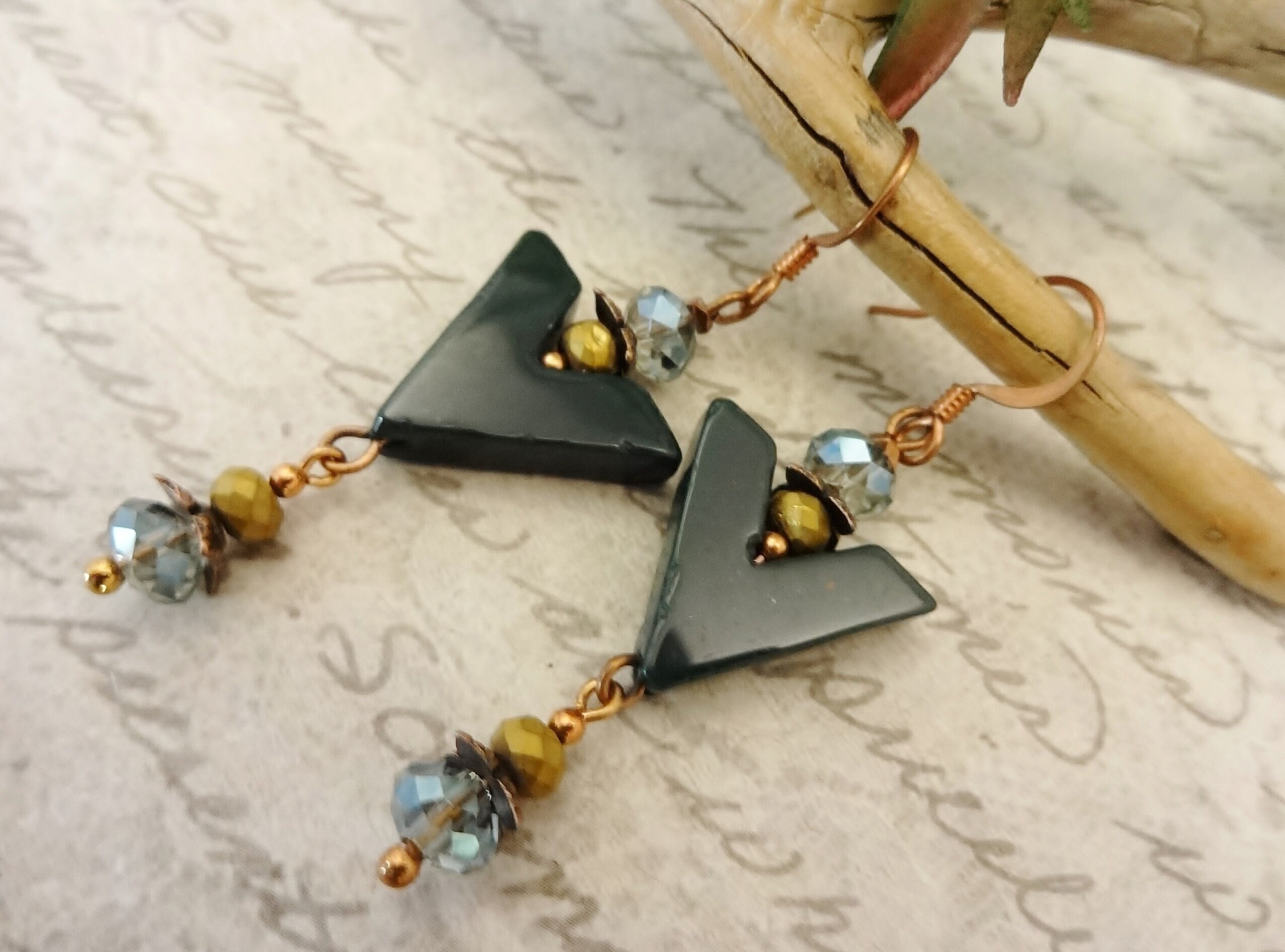 Dark Green Bloodstone Dangle Earrings: Czech Crystal Gemstone Jewelry Dark Green Bloodstone Dangle Earrings: Czech Crystal Gemstone Jewelry
