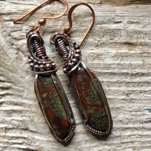 Dragon Bloodstone & Copper Earrings: Wire Wrapped Gemstone Jewelry