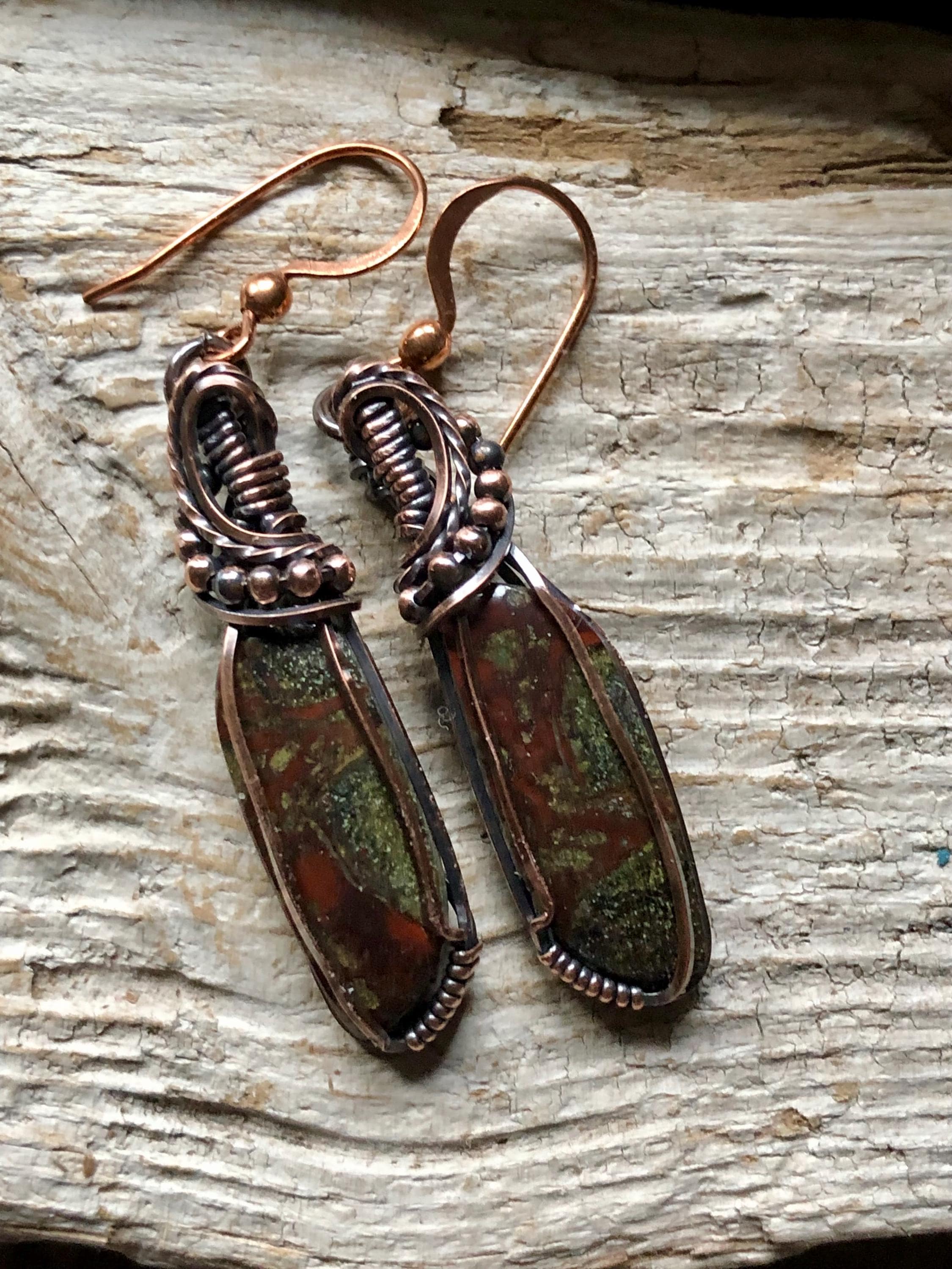 Dragon Bloodstone & Copper Earrings: Wire Wrapped Gemstone Jewelry