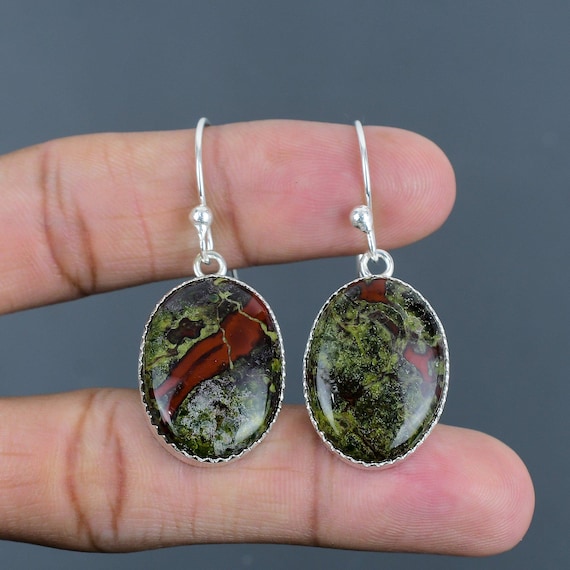 Dragon Bloodstone Dangle Earrings: Handmade 925 Sterling Silver