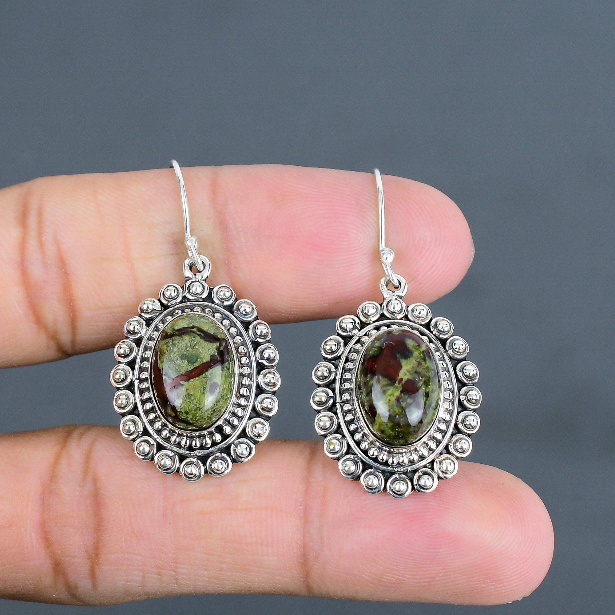 Dragon Bloodstone Earrings: Handmade 925 Sterling Silver Vintage Jewelry