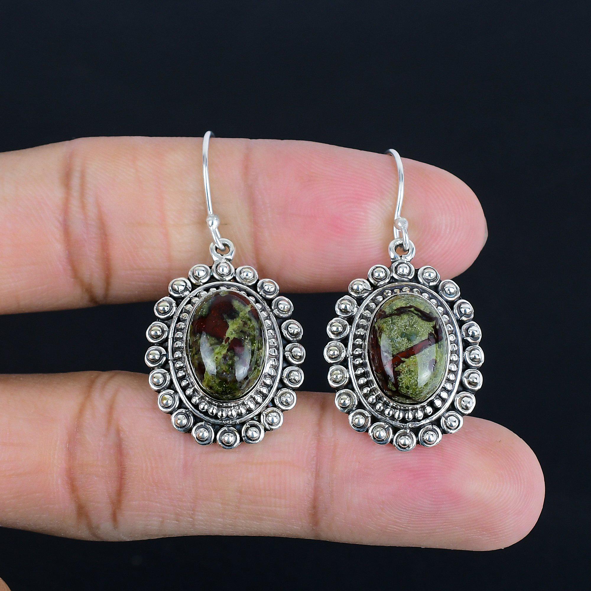 Dragon Bloodstone Earrings: Handmade 925 Sterling Silver Dainty Jewelry