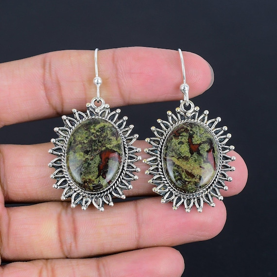 Dragon Bloodstone Earrings: Handmade 925 Sterling Silver Dangle Jewelry