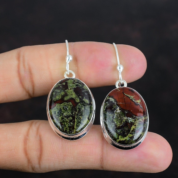 Dragon Bloodstone Earrings: Handmade 925 Sterling Silver Dangle Jewelry