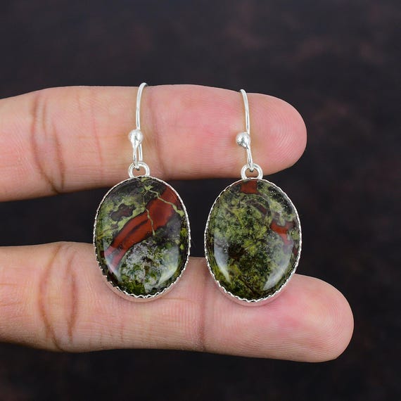 Dragon Bloodstone Earrings, Handmade 925 Sterling Silver Drop Earrings