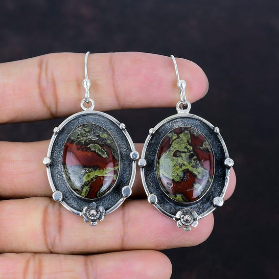 Dragon Bloodstone Earrings: Handmade 925 Sterling Silver Dangle Boho Jewelry