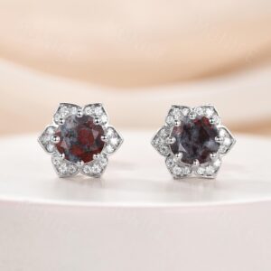 Dragon Bloodstone Stud Earrings: Silver Flower, Moissanite Halo