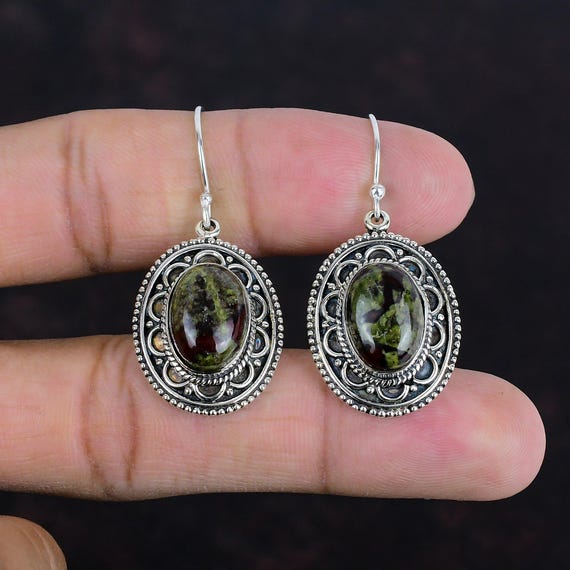 Dragon Bloodstone Earrings: Vintage 925 Sterling Silver Boho Jewelry