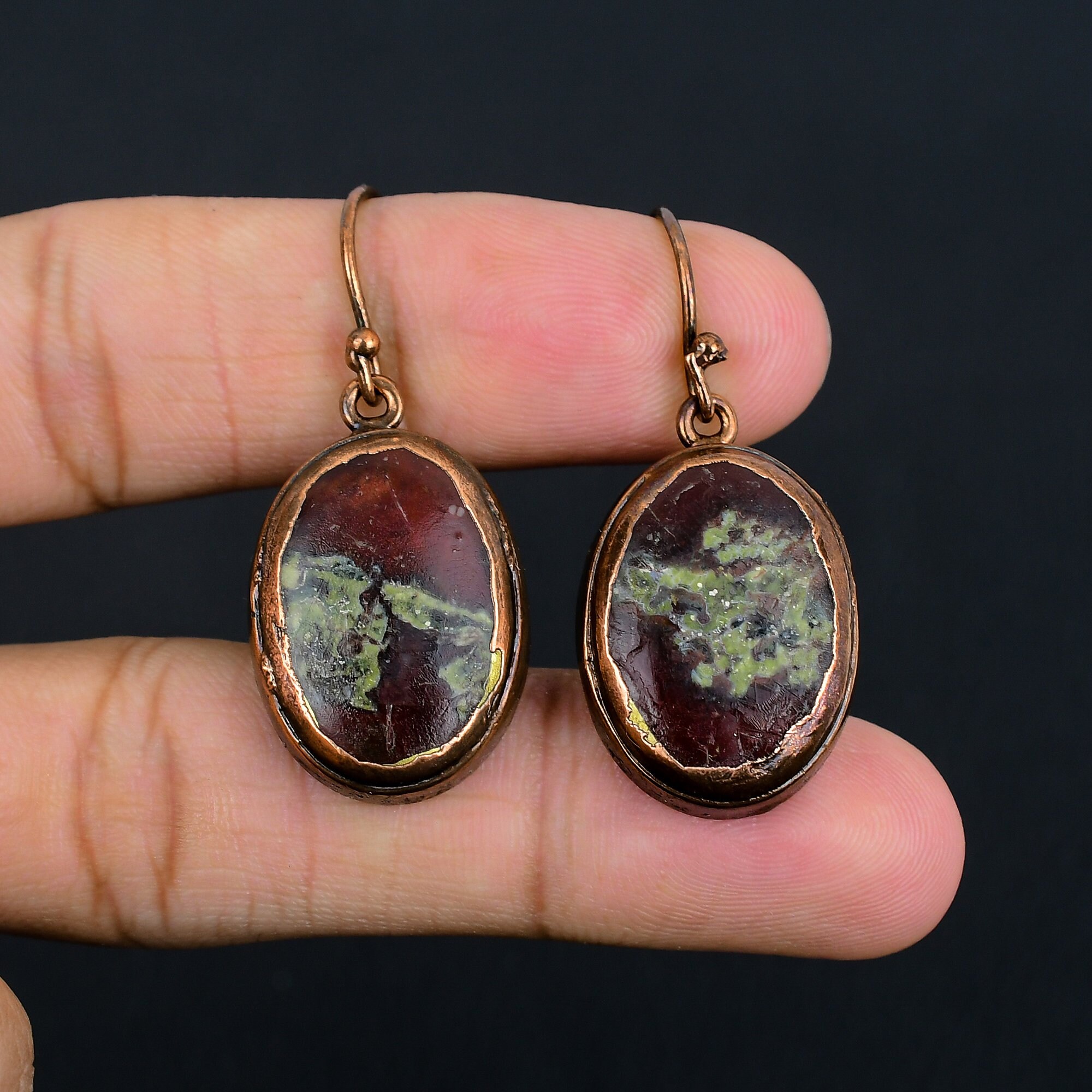Electroformed Copper Dragon Bloodstone Earrings: Handmade Gemstone Jewelry Electroformed Copper Dragon Bloodstone Earrings: Handmade Gemstone Jewelry