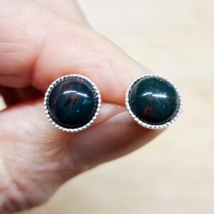 Green Bloodstone Stud earrings. 925 sterling silver Post earrings. March birthstone. Reiki jewelry uk. Round 8mm stones
