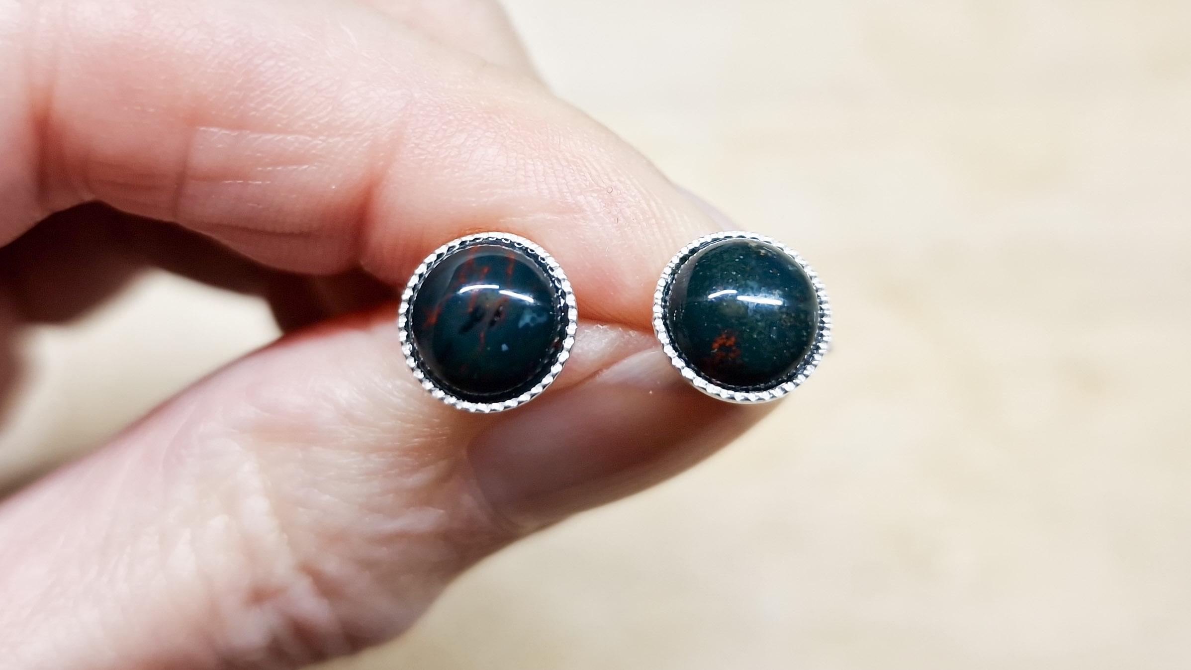 Green Bloodstone Stud Earrings. 925 Sterling Silver Post Earrings. March Birthstone. Reiki Jewelry Uk. Round 8mm Stones Green Bloodstone Stud Earrings. 925 Sterling Silver Post Earrings. March Birthstone. Reiki Jewelry Uk. Round 8mm Stones