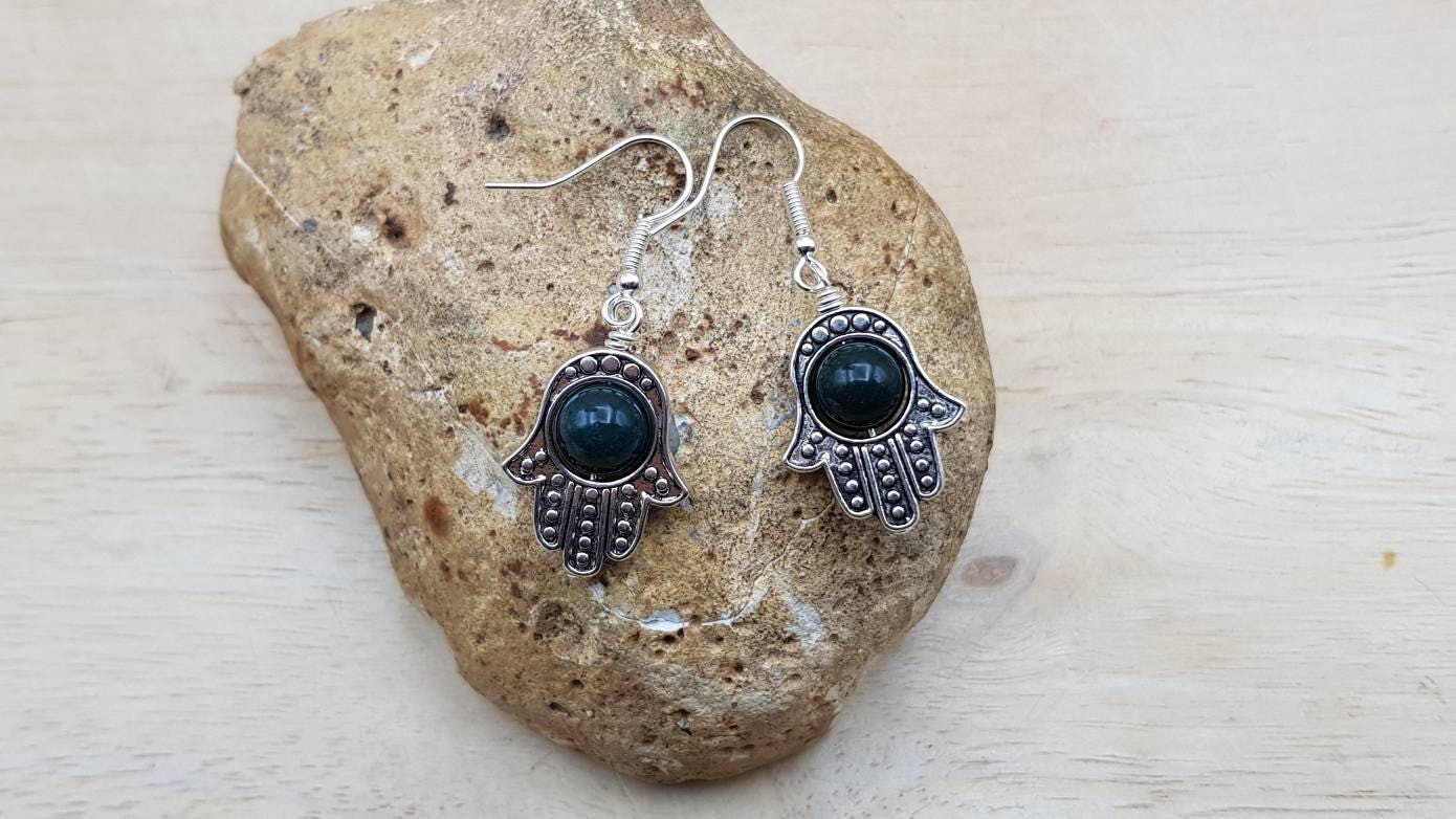 Hamsa Bloodstone Earrings. March Birthstone. Crystal Reiki Jewelry Uk. Green Hamsa Earrings. Protection Symbol. 8mm Stones Hamsa Bloodstone Earrings. March Birthstone. Crystal Reiki Jewelry Uk. Green Hamsa Earrings. Protection Symbol. 8mm Stones