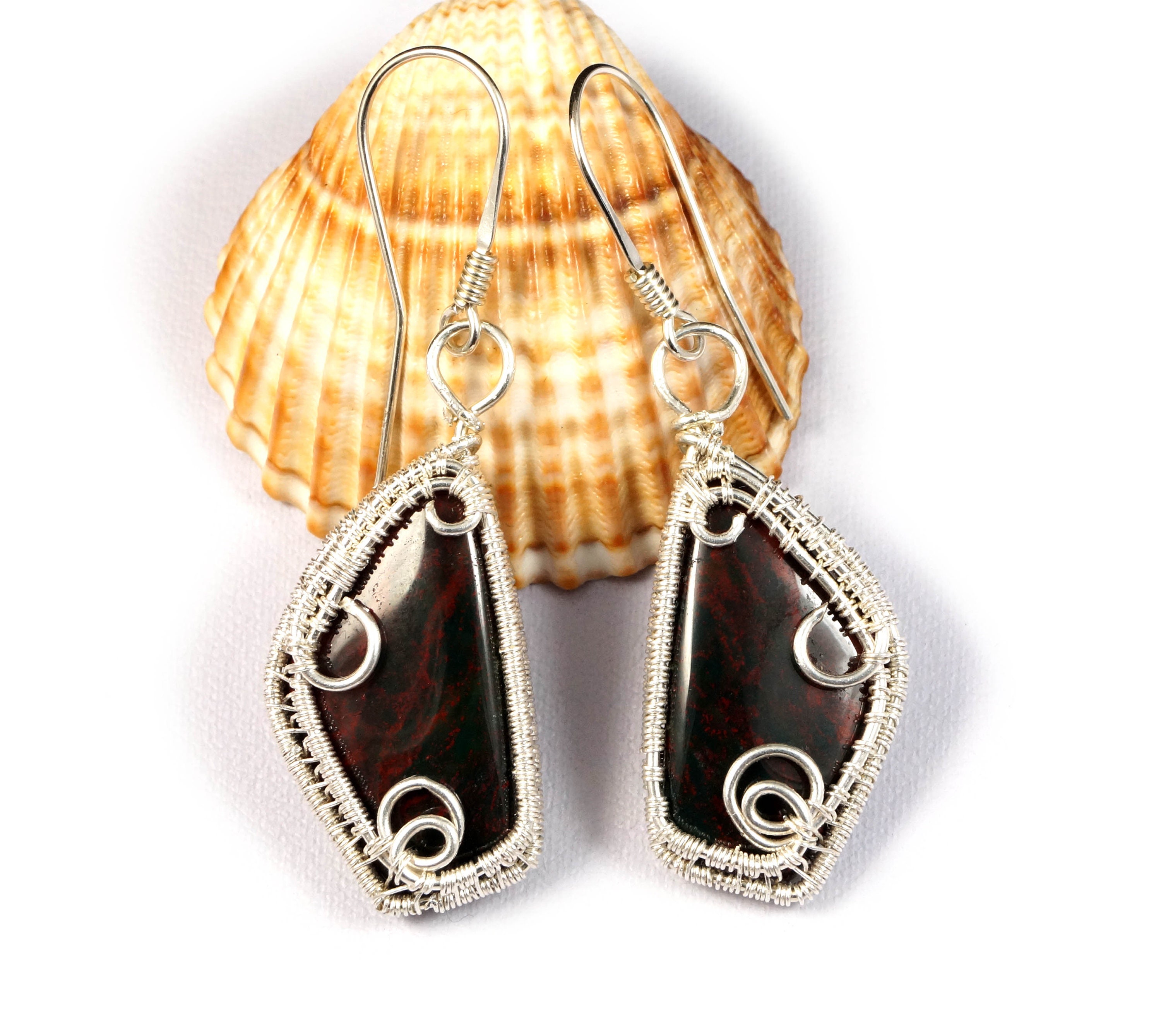 Handcrafted Bloodstone Sterling Silver Wire Wrapped Earrings Handcrafted Bloodstone Sterling Silver Wire Wrapped Earrings
