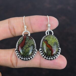 Handmade Dragon Bloodstone Earrings: 925 Sterling Silver Dangle Jewelry
