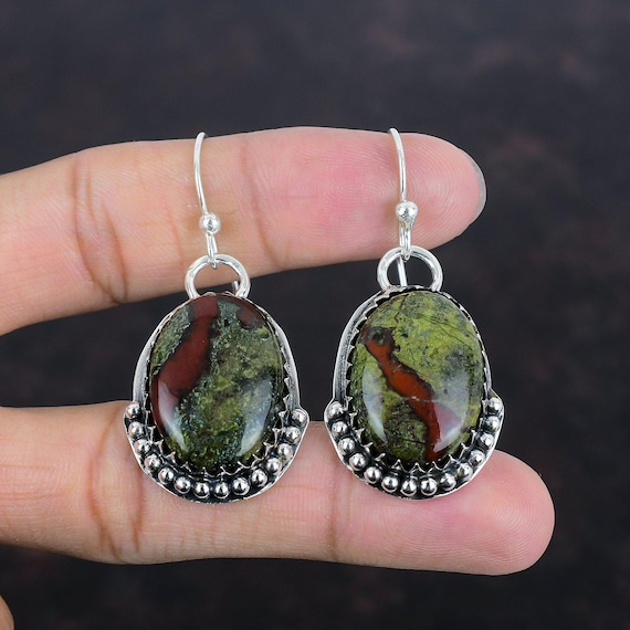 Handmade Dragon Bloodstone Earrings: 925 Sterling Silver Dangle Jewelry