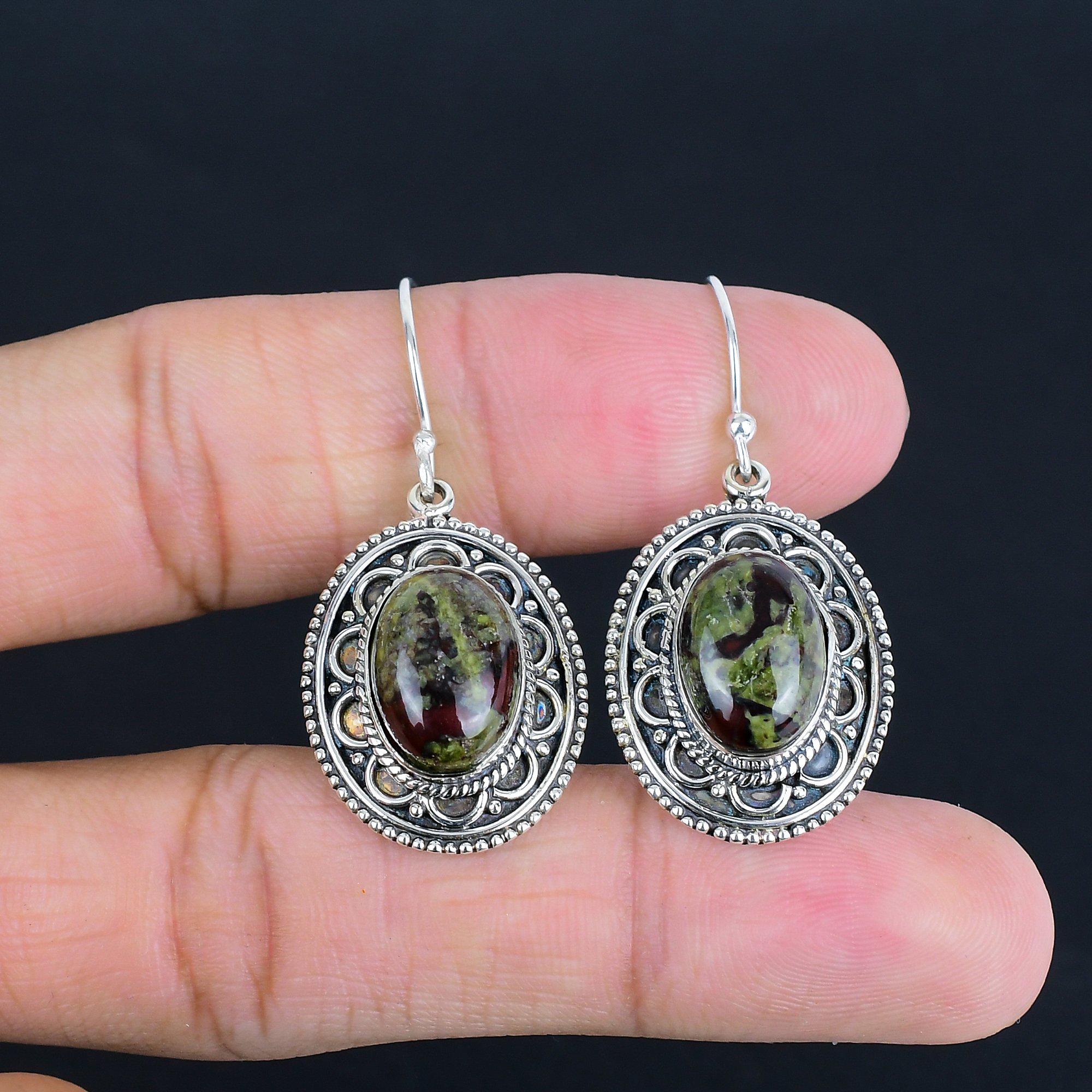 Handmade Dragon Bloodstone Earrings: 925 Sterling Silver Vintage Jewelry