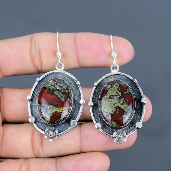 Handmade Dragon Bloodstone Earrings: Antique 925 Sterling Silver Jewelry