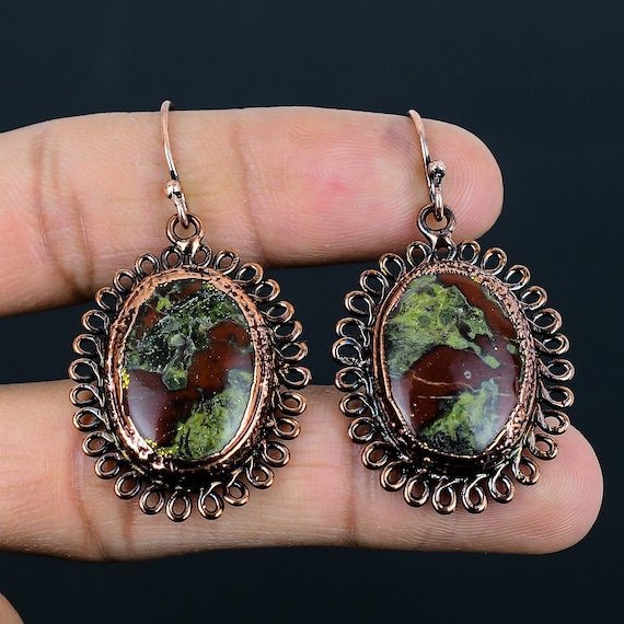 Handmade Dragon Bloodstone Earrings: Electroformed Copper Gemstone Jewelry