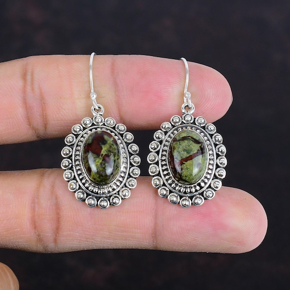 Handmade Dragon Bloodstone Earrings: Vintage 925 Sterling Silver