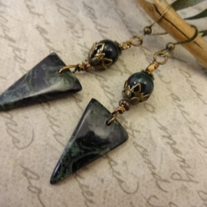 Kambaba Jasper Triangle Earrings, Bloodstone, Antique Brass
