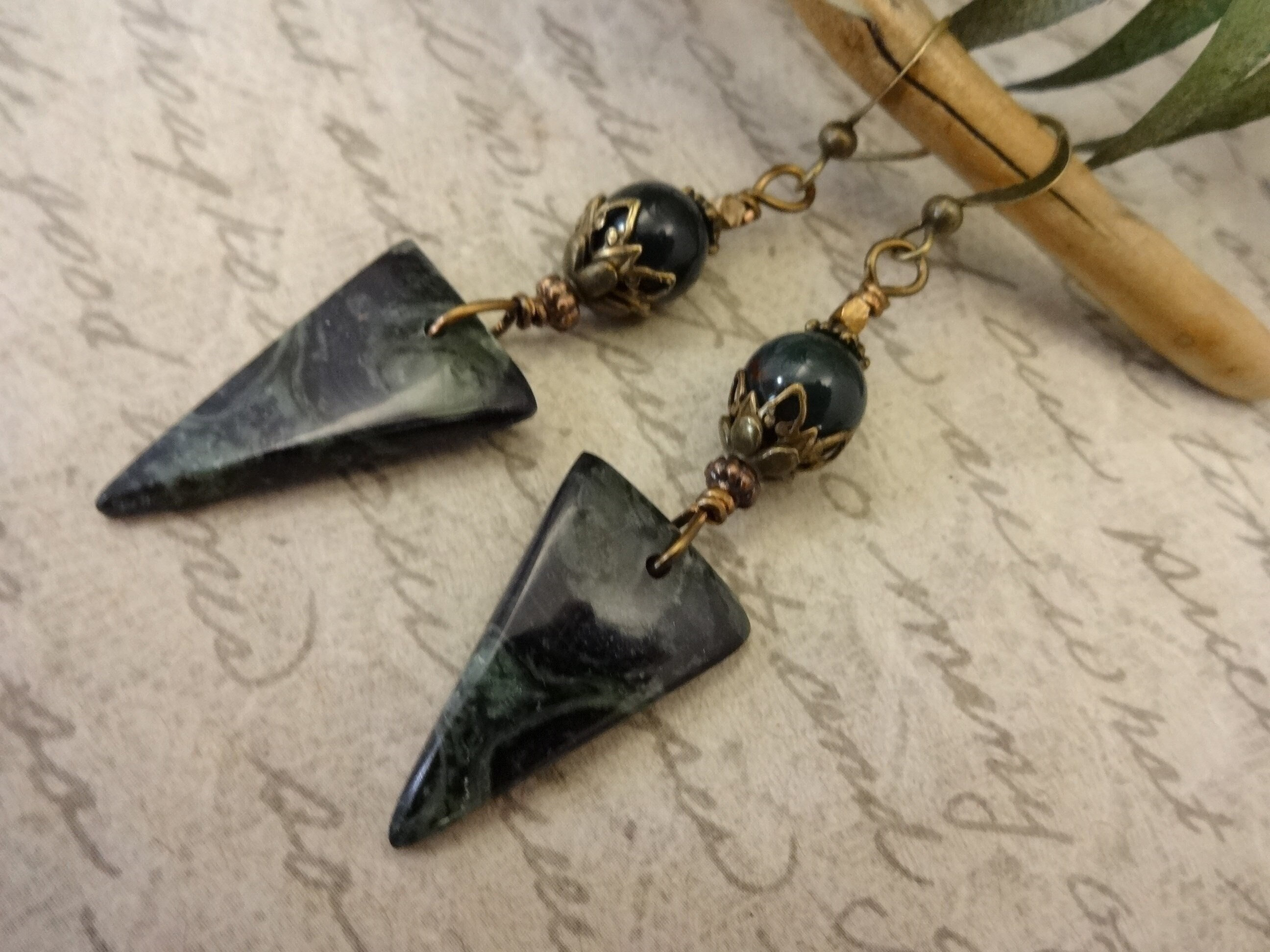 Kambaba Jasper Triangle Earrings, Bloodstone, Antique Brass