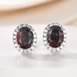 Bloodstone Moissanite Halo Stud Earrings: Vintage S925 Silver Push Back