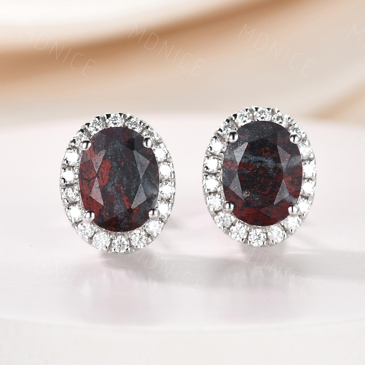 Bloodstone Moissanite Halo Stud Earrings: Vintage S925 Silver Push Back