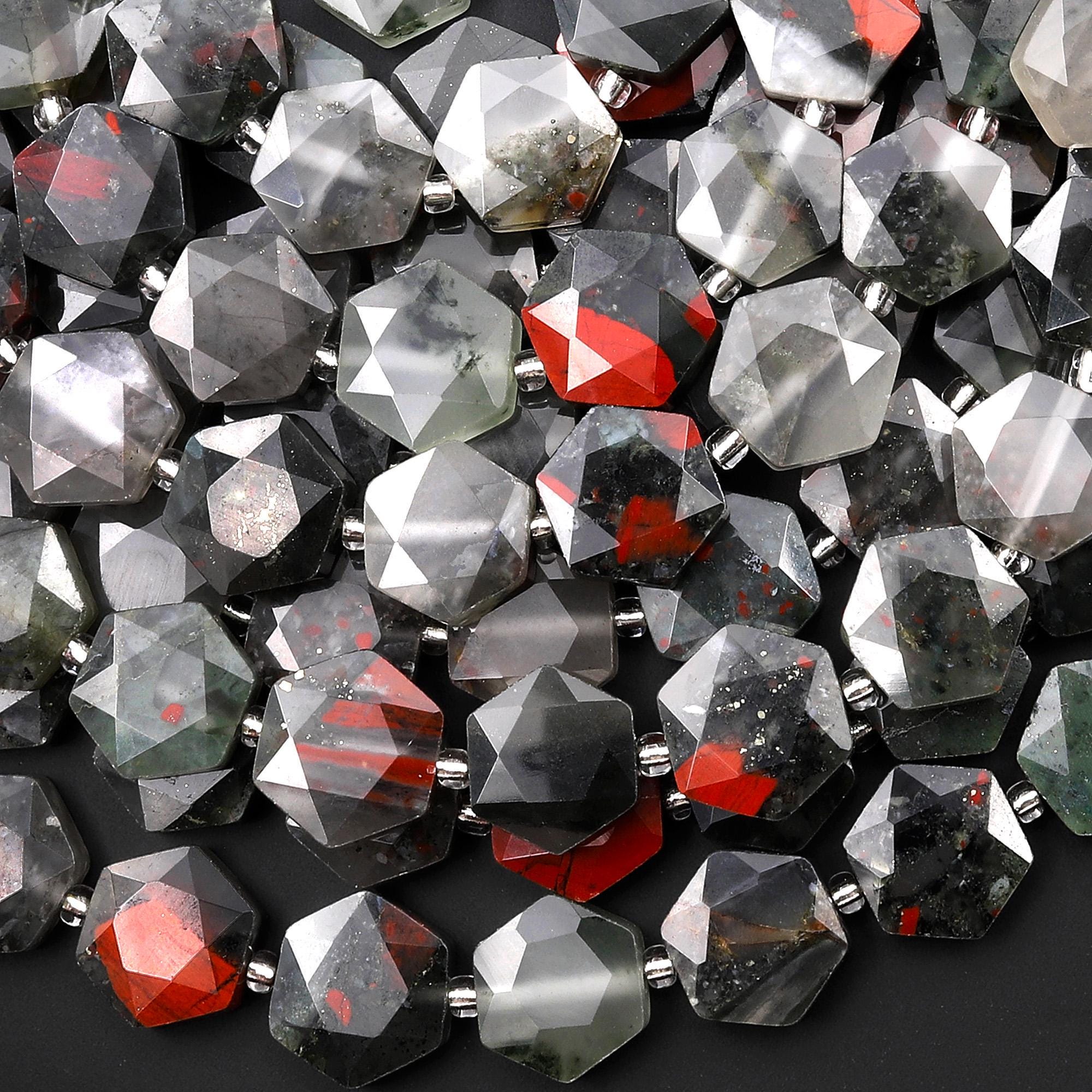 Aaa Faceted Natural African Bloodstone Geometric Hexagon Coin 12mm Gemstone 15.5" Strand