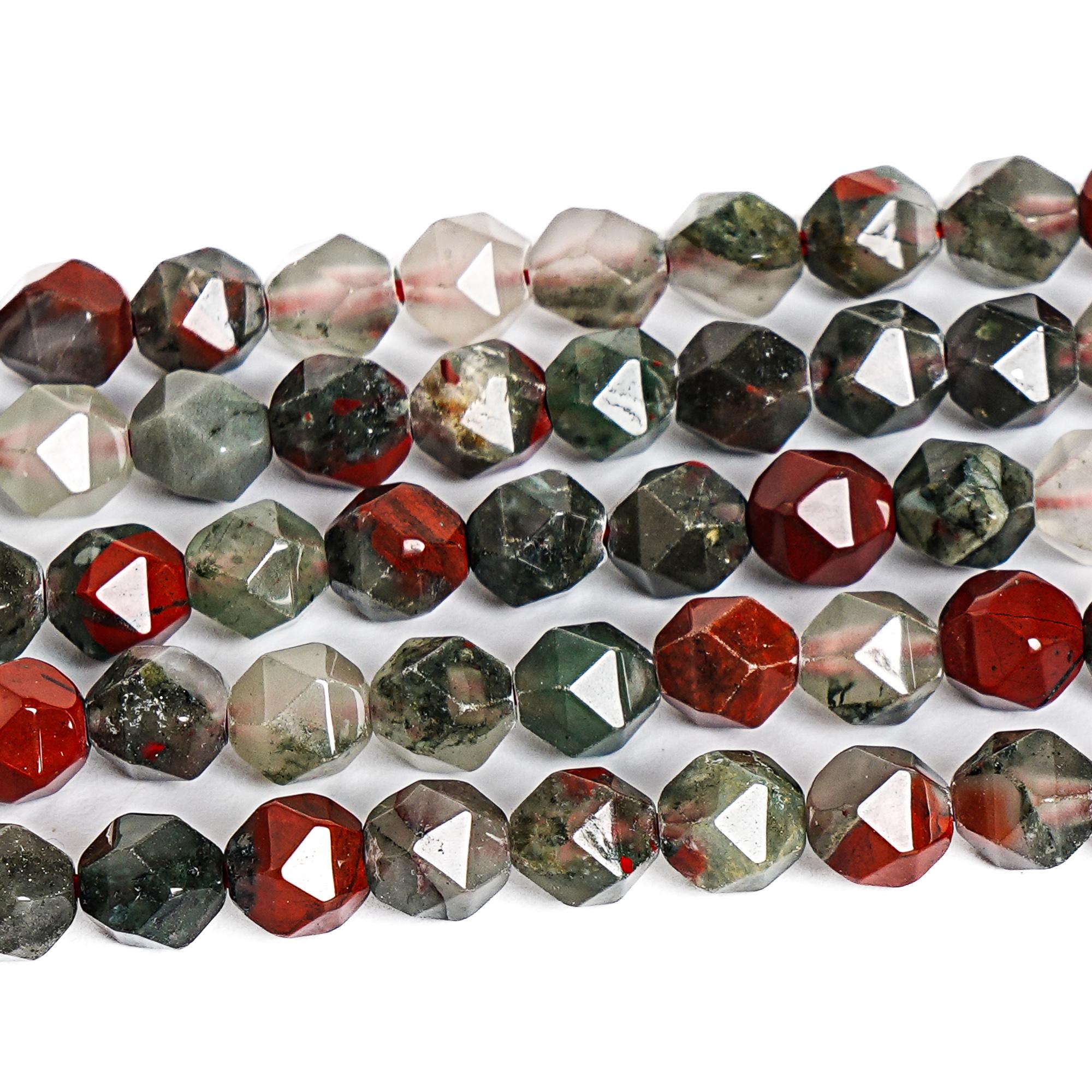 Genuine Natural 6mm African Blood Stone Green Red Star Faceted Shape 15" 7.5" Loose Beads