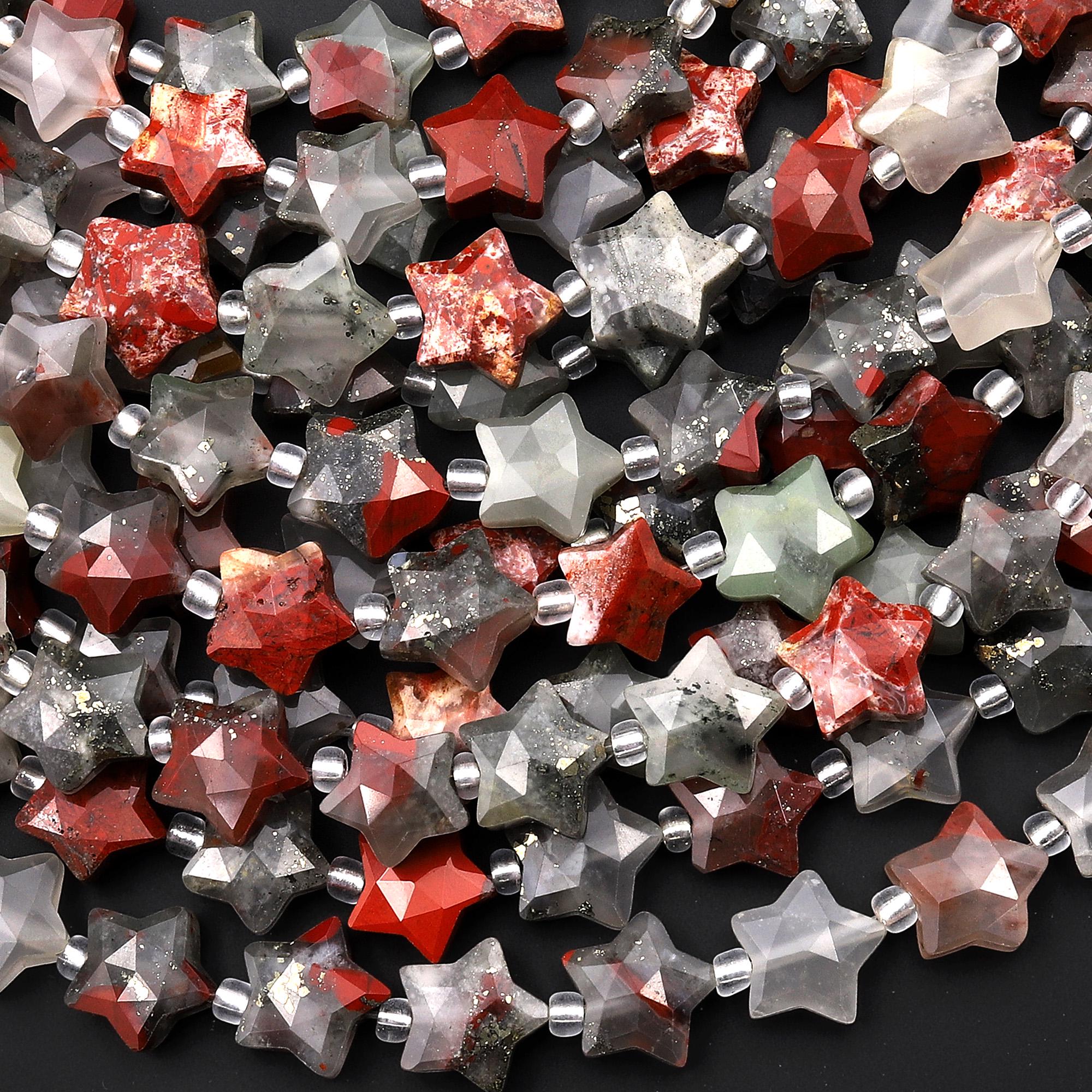 Sparkling Faceted Natural African Bloodstone Beads 10mm Carved Star Gemstone 15.5" Strand
