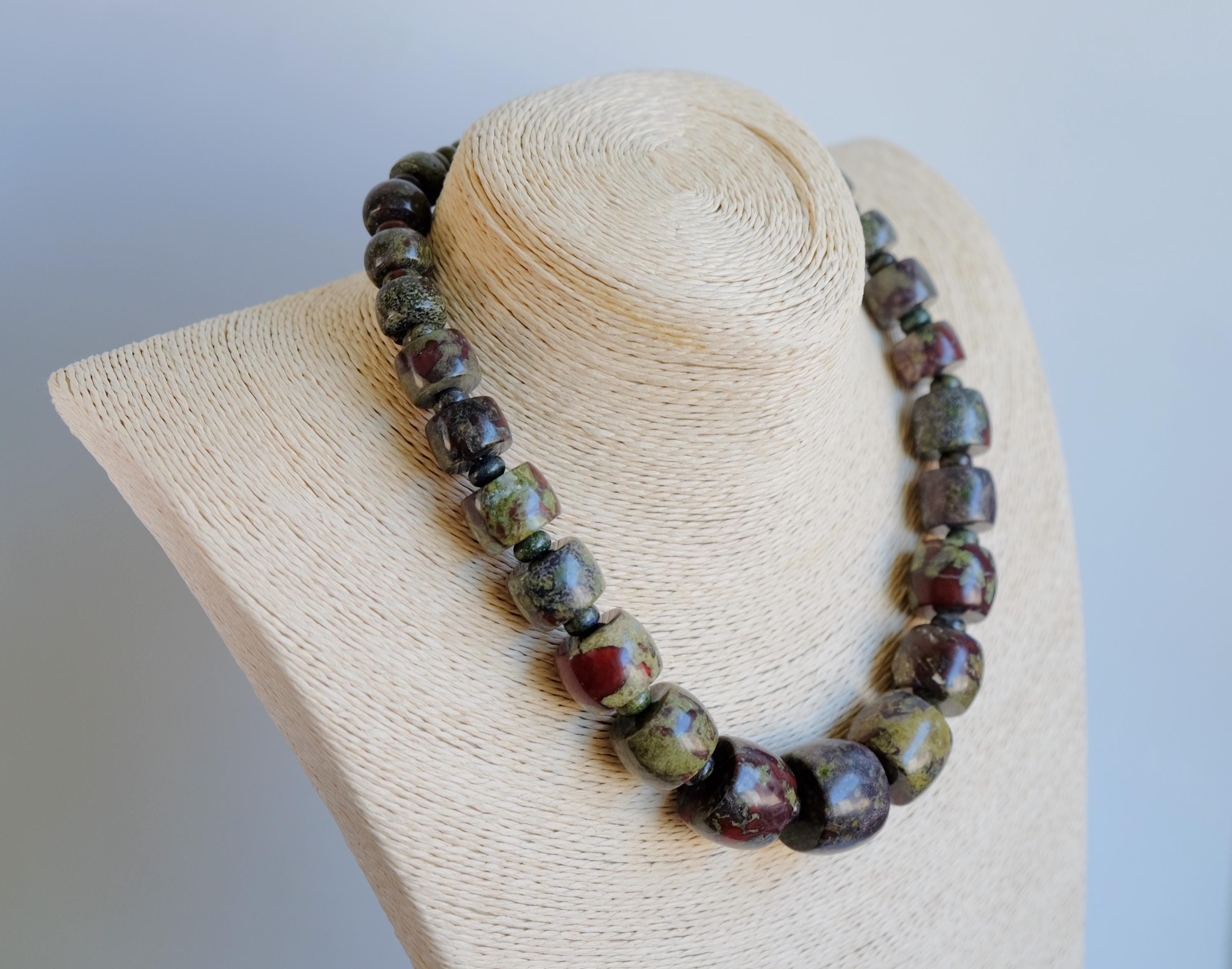 8-24mm Bloodstone {courage, Strength, Stamina} Chunky Barrel Graduated Handmade Stainless Steel Clasp 17.75'' Necklace