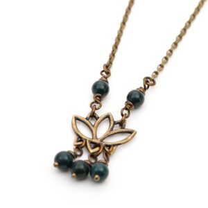 Brass lotus flower necklace with green bloodstone beads, brass tone chain, 19 3/4 inches long Brass lotus flower necklace with green bloodstone beads, brass tone chain, 19 3/4 inches long