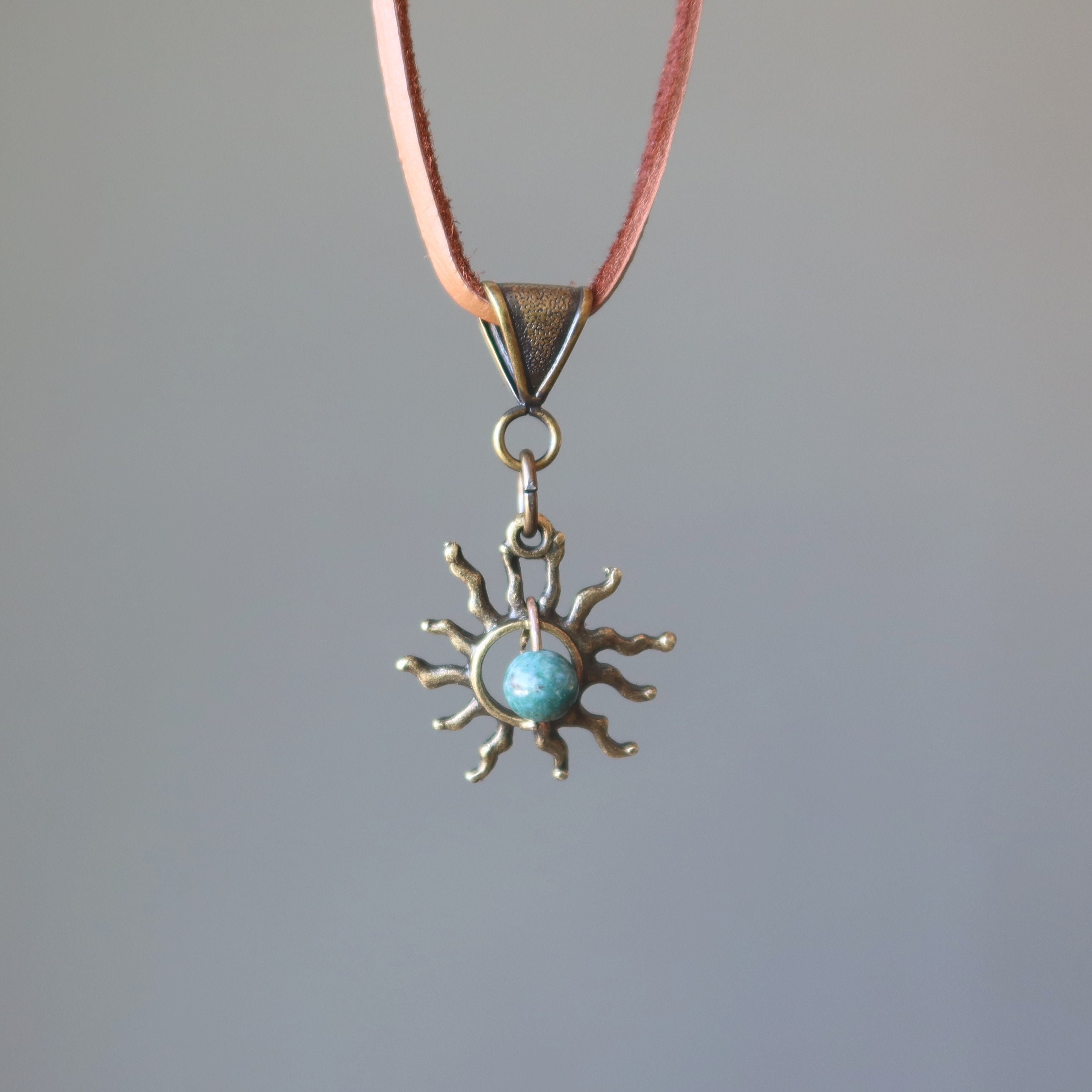 Bloodstone Brewing Sun Necklace, Deerskin Leather, Crystal For Balancing Courage Bloodstone Brewing Sun Necklace, Deerskin Leather, Crystal For Balancing Courage