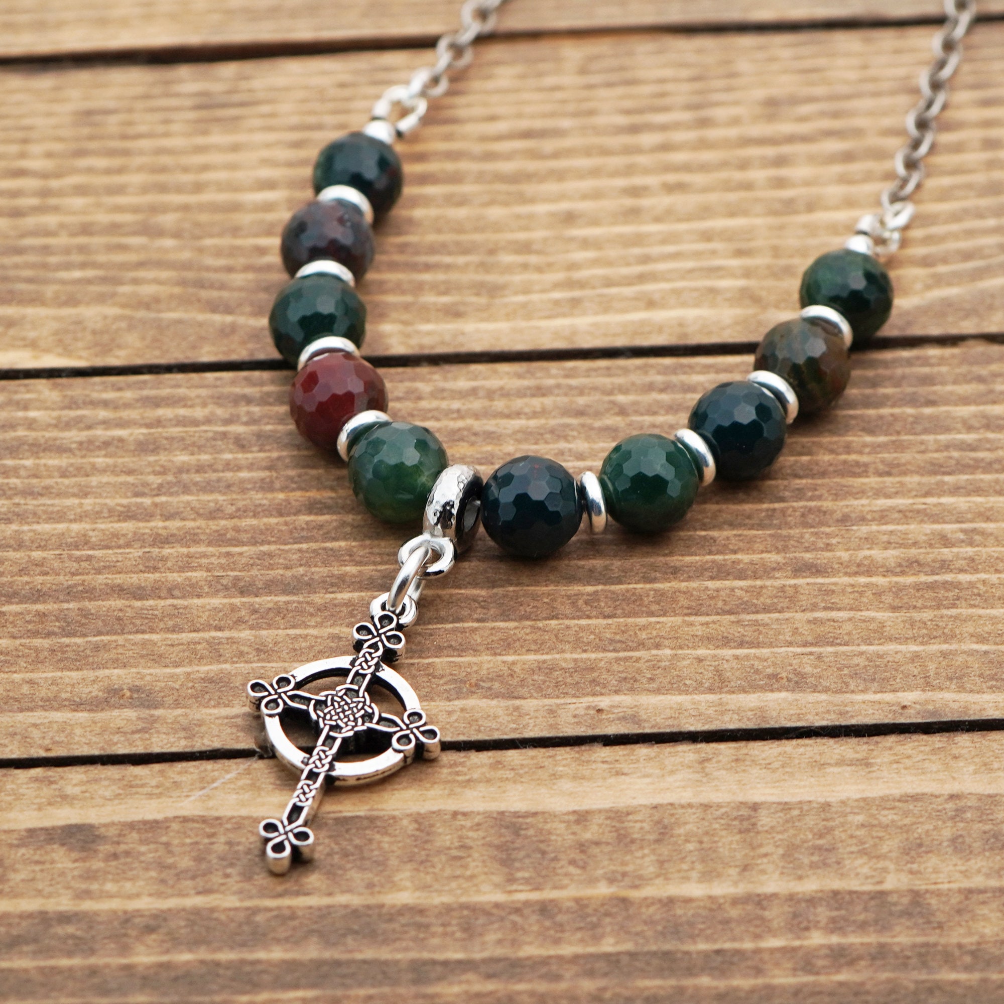 Celtic Cross Necklace With Dark Green Bloodstone Beads And Silver Tone Chain, 19 1/4 Inches Long